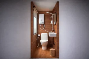 La Famille’s onboard ensuite bathroom on a wooden phinisi, with toilet and sink during a 3-day Komodo cruise from Labuan Bajo