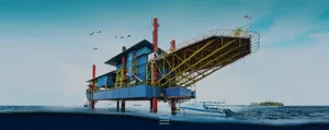 Seaventures Dive Rig offshore platform floating in open sea near Semporna, Malaysia, serving as a retired oil-rig stay