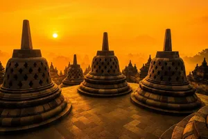 Borobudur temple terraces at sunset in Yogyakarta on Ayla Tour’s private day trip with views of Merapi Volcano