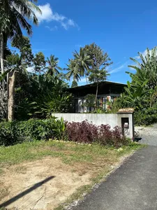 Sunlit farmhouse and welcoming entrance at Kebun Lidstari permaculture farmstay in Langkawi, surrounded by tropical greenery