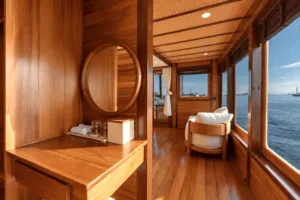 Wooden cabin corridor with circular porthole and ocean view, furnished for a rare 3D2N shared trip on Komodo Island