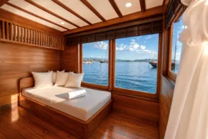 Wooden phinisi daybed with white cushions and pillows, set beside large windows with blue sea and boats in Labuan Bajo