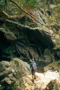 Backpacker trekking along a rocky limestone path in Phong Nha, with jungle trees casting shade over the cave trail