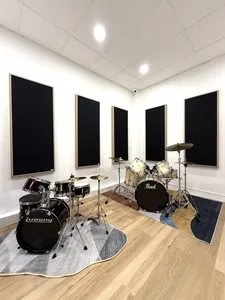Drum kit in a soundproof room at SmallGiant Music in Singapore for composing photo-montage soundtracks during workshops in Singapore