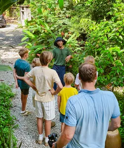 Host-led gardening walk at Kebun Lidstari in Langkawi, with guests gathered beside tropical plants along a lane