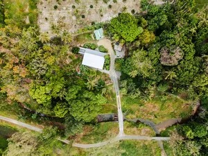Aerial view of Kebun Lidstari permaculture farmstay in Langkawi, surrounded by greenery and garden paths