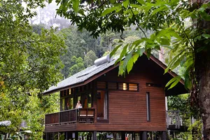 Wooden cabin at Borneo Rainforest Lodge in Danum Valley, with balcony seating framed by dense tropical greenery