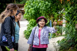 Local guide gestures as a group learns about herbs in Mae Kampong, Chiang Mai, during an eco forage-to-table cooking class
