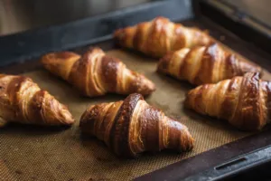 Golden croissants lined on a mesh tray during a bake-croissants class at French Cooking Lab in Singapore