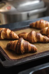 Golden croissants on a mesh baking tray cooling in the home kitchen during a French Cooking Lab class in Singapore