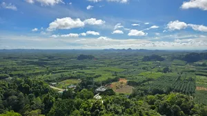 Aerial view over vast green rainforest valleys and plantation clearings across Khao Sok National Park