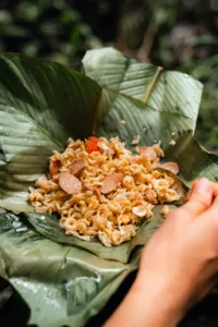 Hand placing orange elephant feed on banana leaves in Chiang Mai’s ethical sanctuary, part of the Hidden Doi Inthanon trails