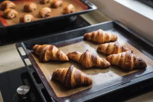 Baked croissants spaced on two oven trays, ready to leave the French Cooking Lab kitchen during a Singapore session