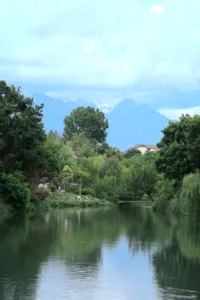 Calm courtyard pond reflecting trees and distant mountains from The Bivou Lijiang in Shuhe Ancient Town, Lijiang