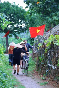 Conical-hat travellers cycling along a village path beside vegetables at Duong Lam ancient village near Hanoi during rice farming