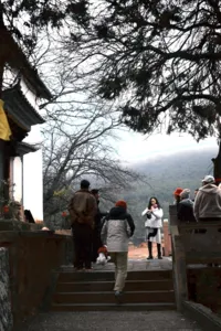 Wisatawan menaiki tangga batu di samping bangunan tradisional menuju perbukitan berkabut di Shaxi, Dali, sebagai bagian dari retret ramah lingkungan 2 hari 1 malam
