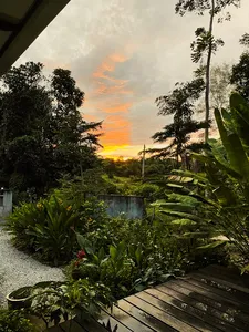 Langkawi permaculture farmstay at sunset with a wooden deck, garden plants and palms along a gravel path at Kebun Lidstari