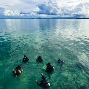 Scuba divers equipped with fins and tanks floating over clear shallow reef water off Semporna for a 2D1N dive & stay