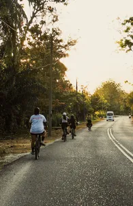 Cyclists ride along a quiet Langkawi road at sunset with Bicycle Day Langkawi, passing palms on two wheels