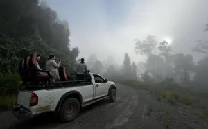 Travellers seated in the back of an open-top 4x4 on a foggy rainforest track during the Deramakot safari