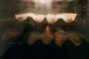 Golden baguettes baking in a windowed oven in a cosy loft in Singapore, part of French Cooking Lab workshops in Singapore