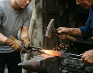 Bilah pisau yang membara ditempa di atas landasan di perkampungan tukang besi bersejarah Hanoi, dengan tangan bersarung dan percikan api