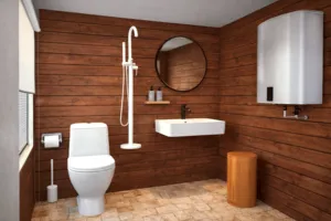 Clean modern bathroom on a wooden phinisi boat with toilet, sink and shower fixtures along wood panelling for a trip in Komodo Island