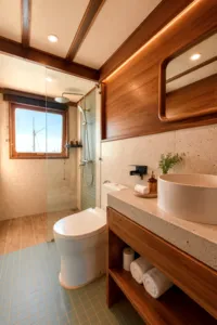 Onboard en-suite bathroom with modern toilet, sink and warm wood storage on a new phinisi for a 3D2N shared Komodo Island