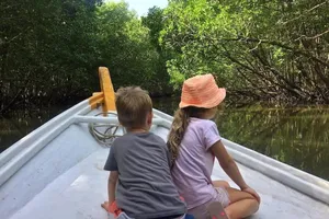 Travellers sit in a mangrove-forested boat on the Langkawi UNESCO Geopark Cruise through quiet waterways