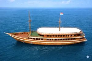 Top-down view of a traditional wooden phinisi cruising on open blue ocean, set for a shared cruise in Komodo Island
