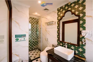 Sunshine Golden Cruises ensuite bathroom with patterned walls, vanity mirror and sink beside a shower on a Cat Ba cruise