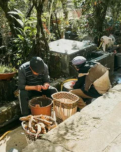 Outdoor meal preparation at a Lijiang village guesthouse during the Yi & Naxi trek, with travellers cooking beside baskets and tea