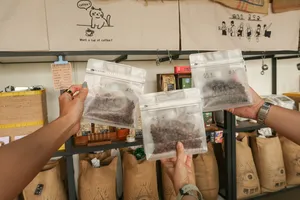Coffee tasting supplies on wooden shelves, with hands holding sealed coffee sample bags at a family-run workshop in Lijiang