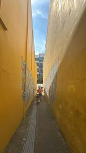 View down a narrow lane between tall yellow mural walls in Katong-Joo Chiat during Monopoly-style team-building in Singapore hidden gems.