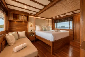 Komodo Island phinisi suite interior with seating and a central double bed, panoramic windows on a Travass Life shared trip