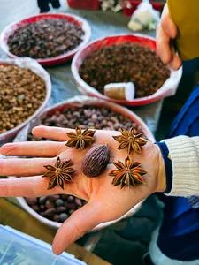 Hands holding star anise and seeds above bowls of dried spices in a Lijiang morning market for Yunnan cooking