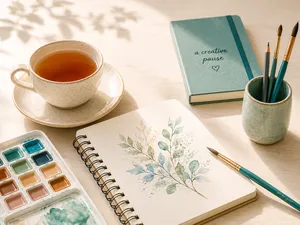 Sketchbook with leafy watercolour, paint pans and brushes beside a tea cup for Art For Good art jamming workshops in Singapore