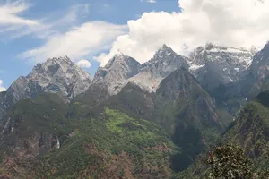 Snowy mountain peaks and a green valley view over Tiger Leaping Gorge, Lijiang, on the high-trail trek