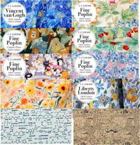 Assorted cotton fabric swatches for reusable food wraps, including Liberty London and Fine Poplin prints, Agrihome workshops in Singapore