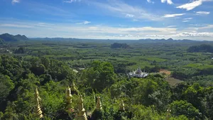 Aerial view over Khao Sok rainforest canopy with scattered white-and-gold pagodas and valleys in Khao Sok National Park
