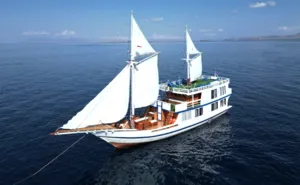 White phinisi sailboat gliding on open water with sails raised for La Famille’s private 3D2N Komodo cruise to Komodo Island