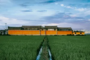 Bangunan warisan gaya Bai berwarna jingga dan hijau di tepi sawah di Xizhou, Dali, dengan banjaran gunung di latar jauh