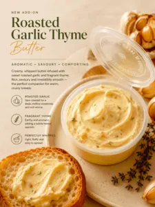 Roasted Garlic Thyme Butter tub beside slices of bread on a promotional card, from a The Daily Staples class in Singapore