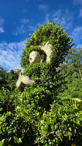 White seated Buddha statue nestled in bright leaves with blue sky above, part of Khao Sok hidden pagodas in Khao Sok National Park