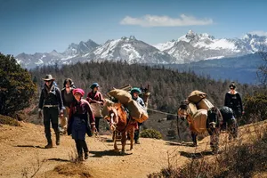 Nomadic caravan walking with pack animals along a mountain trail in Shangri-La’s remote valleys, with snow-capped peaks ahead