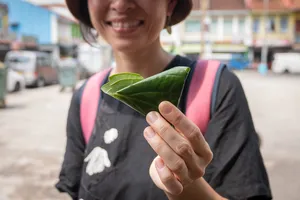 Woman holding a fresh green leaf outdoors on a Jalan Besar street in Singapore during a secrets walk, Singapore hidden gems