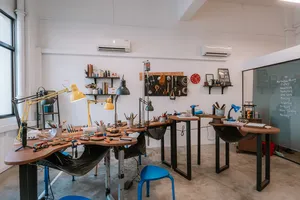 Metalsmithing studio with workbenches, lamps and tools at Fat Anvil Studios in Singapore, workshops in Singapore