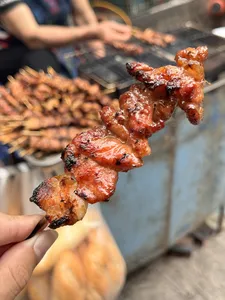 Hand holding char-grilled pork pieces over a hot barbecue grill during a Hanoi food adventure