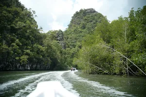 Tanjung Rhu UNESCO Geopark cruise boat gliding past mangrove-lined shores and green limestone hills, led by JungleWalla Langkawi