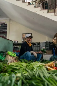 Jolie 烹饪课的 Jolie 在会安家中厨房花园的餐桌旁摆放新鲜香草，准备烹制越南家常菜